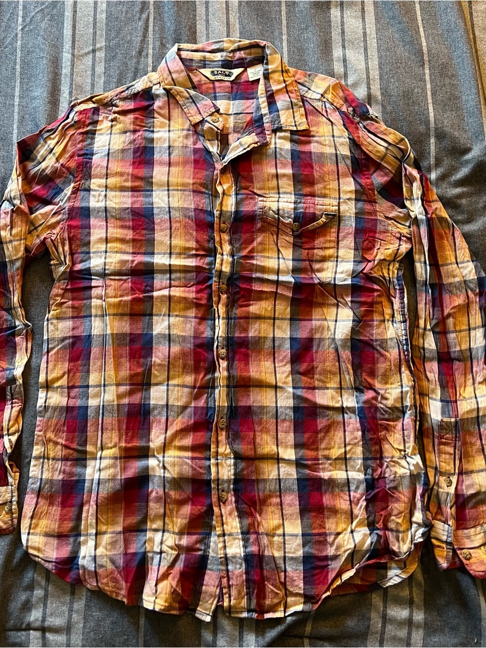 Salt Valley Western Men's Large Plaid Button-Down Shirt in Red & Yellow